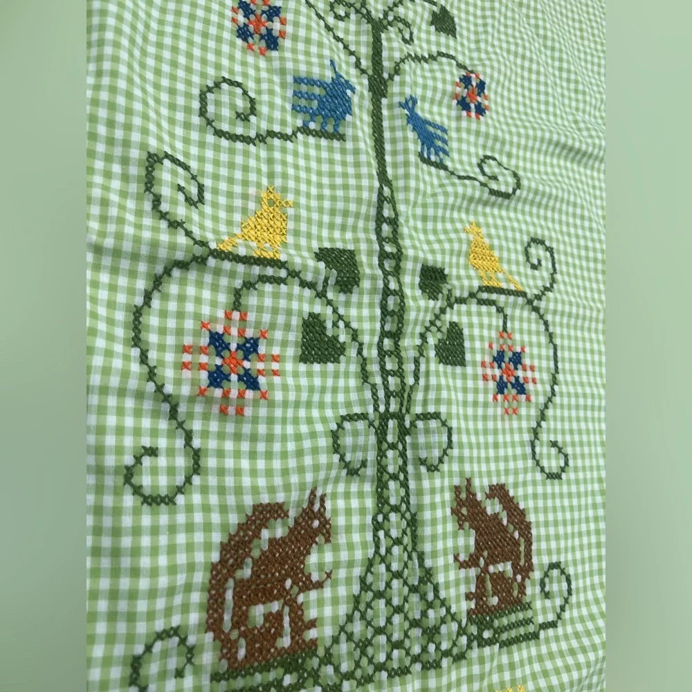 Vtg Handmade Baby Crib Quilt Green Gingham Cross Stitch Ruffle Blanket Woodland